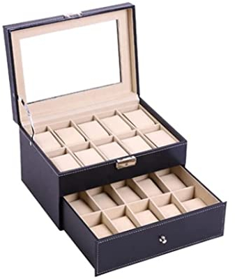 PIPONS Caja para Guardar Relojes Caja De Reloj, Relojes for Hombres O Mujeres Caja De Almacenamiento De Cuero Negro Desmontable De 20 Rejillas Con Cerradura Con Llave Caja Relojes Hombre