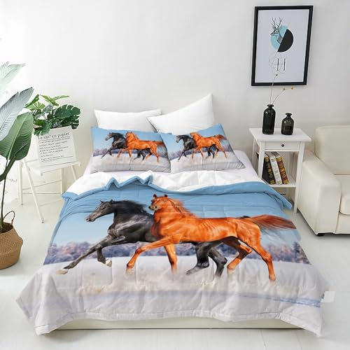 ANHOPE Winter Feld Tier Pferd Bettwäsche Set Microfaser Bettbezüge mit Reißverschluss 3 Teilig Bettbezug 155x220 cm + 2 Kissenbezug 80x80 cm Weich Ganzjahres Bettdeckenbezug Set