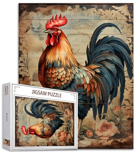 Tucocoo Rustikales Hahn-Puzzle, 1000 Teile, Puzzles für Erwachsene, Tier-Huhn, Vintage-Kunst-Puzzles für anspruchsvolle Familienaktivitäten, buntes DIY-Bastelpuzzle für Heimdekoration, Geschenke
