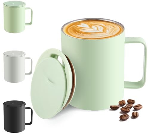Homealexa 400 ml Coffee Mug, Double-Walled Vacuum Thermal Coffee Mug, Coffee and Tea Cup, Stainless Steel, Thermal Mug with Handle and Sliding Lid Green