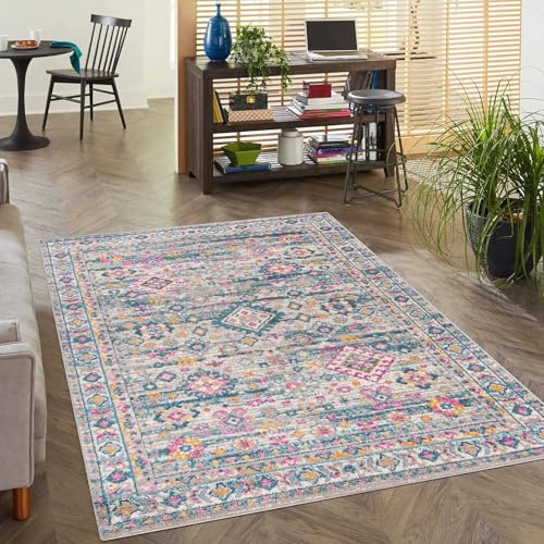 Mazovia Tapis - Coloré Multicolore Moderne Ethnique Tapis pour Salon, Chambre, Salle à Manger, Bureau - Tapis à Poils Courts - Oeko-Tex - Oriental Tapis Facile à Nettoyer - Gris Rose - 120 x 170 cm