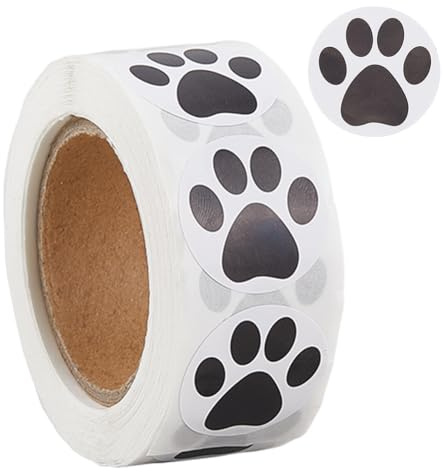 CRASPIRE Hundepfotenabdruck Aufkleber, Schwarz, 500 Stück | 1 Zoll rund, Bärentatzen Design, Selbstklebend, Papier, Tier Haustier Welpe Katze Dekor Etiketten Für Bücher Umschlag Siegel