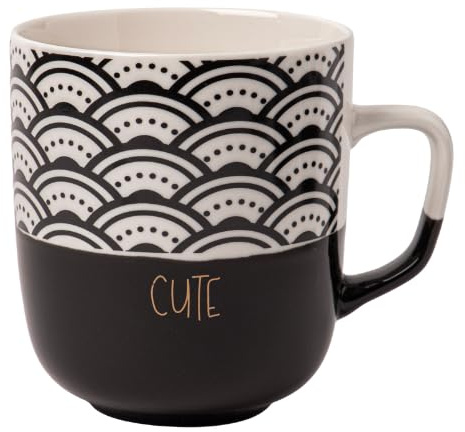 FabFinds Monochrome Black & White Ceramic Mug 370ml Assorted Minimalist Designs, Stylish Stoneware Coffee Cup for Tea & Hot Drinks, Durable Glazed Finish, Gift-Ready Mug (Cute)
