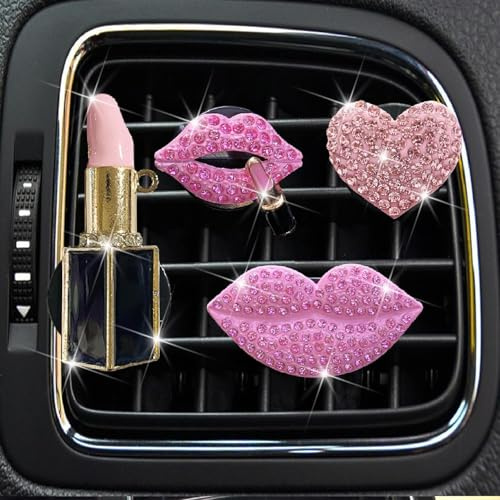 4 Pcs Pink Lips Air Vent Clips, Sexy Lips Kiss Heart Shape Car Air Fresheners for Women Charms Rhinestone Diffuser Vent Clip Cute Car Decor Bling Inte