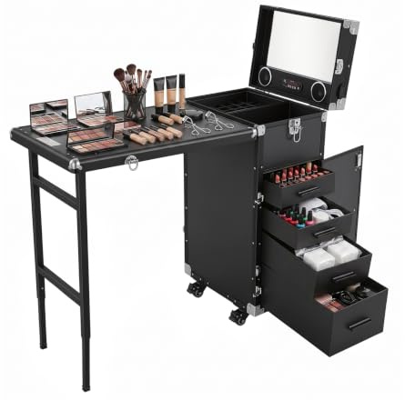 Sminkväska, professionellt nagelfodral med fällbart bord och 5 lådor kosmetisk väska med speglar och Bluetooth-högtalare makeup-väska stor frisörväska manikyrbord, svart, 38*25.5*69.5cm, modern