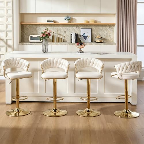 Relbiety Tabourets de Bar Lot de 4 Hautuer Réglable Assise en Velours, Chaise de Bar Pivotante avec Pied en Métal Doré Idéal pour Bar,Salon,Cuisine,Crème