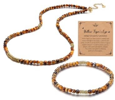 JSDDE Damen Perlenkette mit Armband Set Tigerauge Kette Natürliche Edelstein Heilsteine Kette Tigerauge Perlenarmband Damen Perlenkette Amulett Spirituelle Geschenk