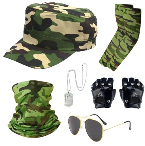 FUIPVGI 6 Stücke Armee Kostüm Set für Erwachsene, Soldaten Militär Cosplay Piloten Halloween Accessoires, mit Armstulpen, Hut, Sonnenbrille, Erkennungsmarke, Handschuhen, Gesichtstuch