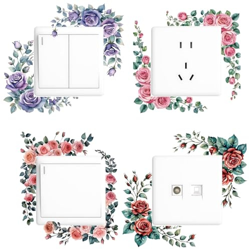 PRESSINART 4Pcs 4 Styles Light Switch Decal Vinyl Rose Stickers Colorful Flowers Wreath Waterproof Peel and Stick Light Switch Plate Stickers for Home Bedroom Living Room Bathroom Office Decoration