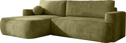 WFL GROUP Ecksofa mit Schlaffunktion & Bettkasten – Skandi Schlafsofa in L-Form – 4-Sitzer Eckcouch, Freistehend – Liegefläche 220 × 140 cm – Rückenkissen & Zierkissen inkl. – Chenille Grün – Links