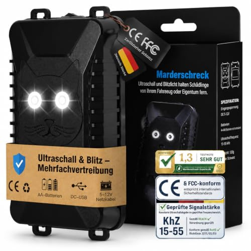 MEKEET Marderschreck Auto, Maderschrecker Auto batteriebetrieben mit Ultraschall & LED-Blitzlicht, USB oder 12V Anschluss, 90 m² Reichweite, Marderabwehr für Motorraum, Katzenschreck für Garten