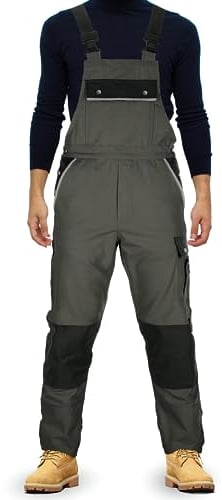 TMG® | Lange Arbeitslatzhose Herren, Graue Latzhose mit Kniepolstertaschen aus Cordura, viel Stauraum, robust | 62