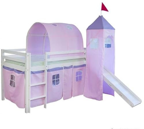 Homestyle4u Lit Simple Blanc 90x200 en Hauteur avec echelle Rideau Tour Tunnel Rose et toboggan