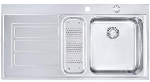 EOX 251 1000 x 510 mm, parte de goteo izquierda, acero inoxidable cepillado, desagüe integral de 3 1/2 pulgadas, con válvula de botón de presión, con orificio de rebose, con 2 orificios.