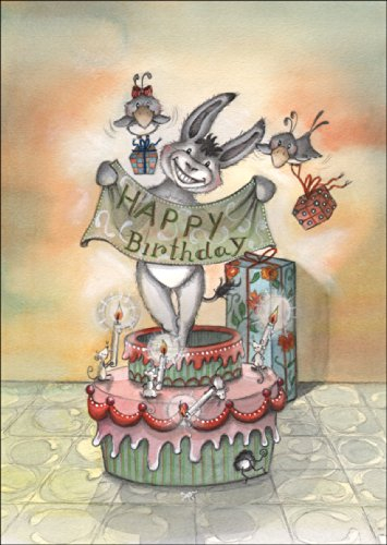 Kartenkaufrausch Lustige Geburtstag Grußkarte mit Esel, der aus der Torte springt: Happy Birthday • direkt versenden mit Ihrem Text als Einleger • schöne Glückwunsch Grußkarte mit Umschlag