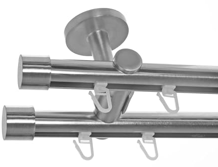 BASIT Innenlauf Gardinenstange 2 läufig Deckenmontage 200 cm lang Edelstahl Look I Vorhangstange mit Schiene 2läufig Ø20mm I 120-600 cm wählbar D40