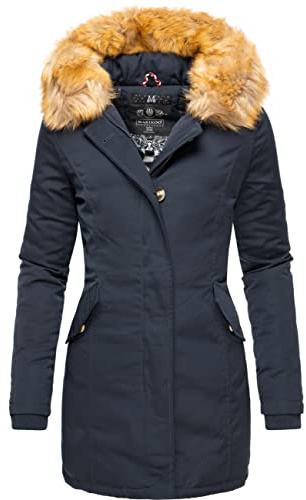 MARIKOO Damen Winter-Kurzmantel Karmaa mit großer Kapuze | Länge: po-bedeckend | Wärmegrad 2 von 3 – warm | wasserabweisend | große Kapuze | abnehmbarer Kunstfellbesatz