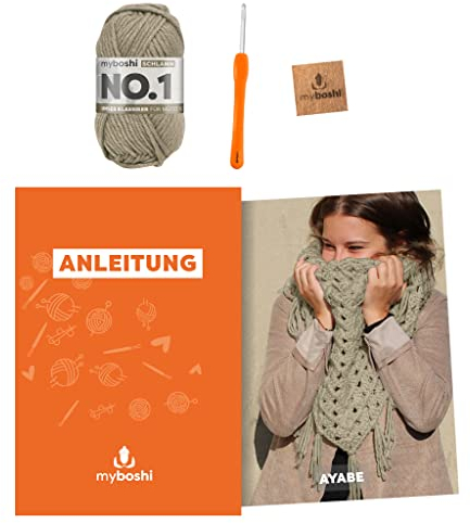 myboshi Häkelset Dreieckstuch Ayabe, inkl. No.1 Wolle, Nadel und Anleitung, Häkelpaket für Anfänger, 30% Merinowolle Schlamm mit Häkelnadel