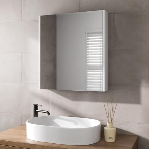 AURORA® 600 x 650mm Bathroom Mirror Cabinet Storage Wall Mounted Cupboard Ready Assembled Unit Double Mirrored Door, White Gloss