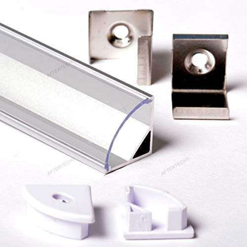 Aftertech® 1616 16x16mm PROFILO ALLUMINIO ANGOLARE TONDO 1M PER STRISCE STRIP LED BARRA RIGIDA 1MT PROFILATO GUIDA + COVER TRASPARENTE