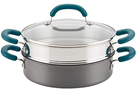 Rachael Ray 81151 Dampfgarer-Set aus Harteloxiertem Aluminium, Grau mit blaugrüngrünfarbenen Griffen