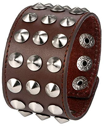JewelryWe Schmuck Herren Breit Lederarmband Punk Rock Ahle Taper Nieten Leder Armband Armreif Manschette Biker Armband Verstellbar Braun