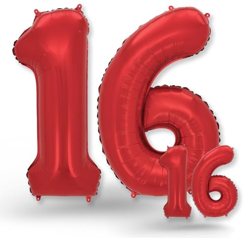 FUNXGO® folienballon 16 rot - 2 Stück - 42 & 17- luftballon zahl 16 - Zahlen rot Ballon 16 Deko zum Geburtstag, Hochzeit, Jubiläum oder Fest, Party Dekoration -100cm & 38cm- ballon rot 16