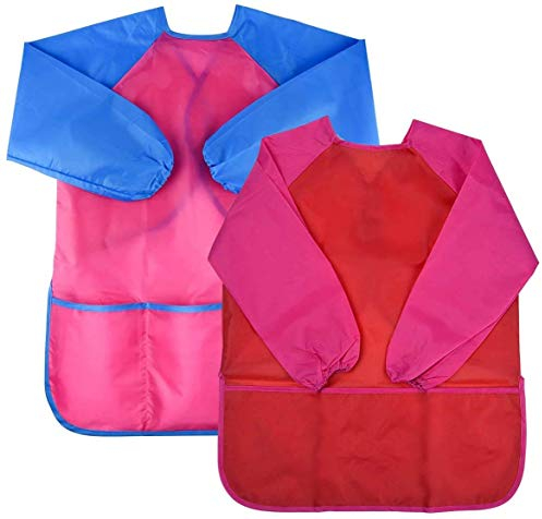 NATUCE 2 Pack Kids Art Smock Toddler Children Painting Apron, Waterproof Play Apron Long Sleeves With 3 Roomy Pockets Age 3-7 Years Girls And Boys for Painting, Craft, Water Play, Eating(Pink+Red)