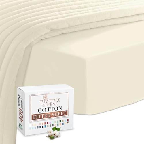 Pizuna 100% Cotton Double Fitted Sheet Ivory, 400 Thread Count Long Staple Cotton Fitted Bed Sheets Double 140x200 cm, Sateen Weave 40 cm Deep Fitted Sheets for Double Bed 1 PC Ivory