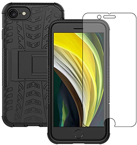 Yiakeng iPhone 8 Case, iPhone 7 Case with Screen Protector, Shockproof Silicone Protective with Kickstand Hard Phone Cover for iPhone SE 2020/7/8 (Black)