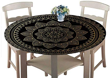 Chickwin Tischdecke Runde Wasserdicht Abwaschbar Runder Mandaladruck Tischschoner Elastische Kante,Tischtuch aus Polyester für Küche, Esszimmer, Garten, Balkon (Schwarzes Gold,90cm)