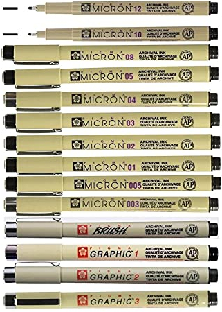 SAKURA Pigma Micron 14 Fineliner schwarz 003,005,01,02,03,04,05,08,10,12,1 mm, 2,0 mm, 3,0 mm, Pinsel