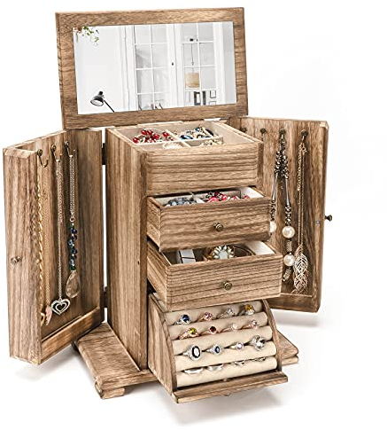 Emfogo Schmuckschatulle für Damen, rustikale Holz-Schmuckschatullen und Organizer mit Spiegel, 4-lagig, Schmuck-Organizer-Box für Ringe, Ohrringe, Halsketten, Armbänder, Rustikalbraun