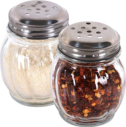 HirrWill Mr. Kitchen's Red Pepper Shaker or Parmesan Cheese Shaker; Bulk Swirl Glass Cheese Shaker Set with Perforated Stainless Steel Lid (Set of 6)