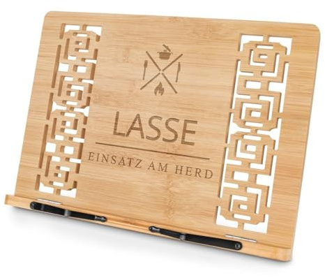 Maverton Bambus Leseständer mit Gravur, Buchhalter personalisiert faltbar | 5-Stufig verstellbar, Kochbuchständer, für Männer, aus Bambus, Farbe: Hellbraun, Einsatz