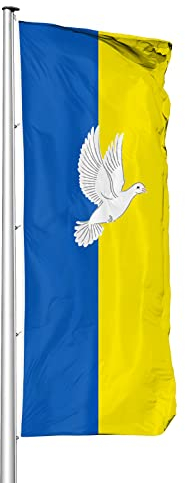 Vispronet Ukraine Flagge mit Friedenstaube, Fahne/Flagge im Hochformat, glänzendes Polyestergewirke, hissfertig (120 x 300 cm)