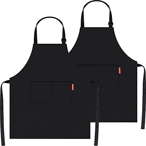 APRONPANDA Delantal profesional ajustable negro 100% algodón con 2 bolsillos para cocinar, cocinar, chef, mujeres y hombres, delantales para el hogar, cocina, restaurante, cafetería, hornear,