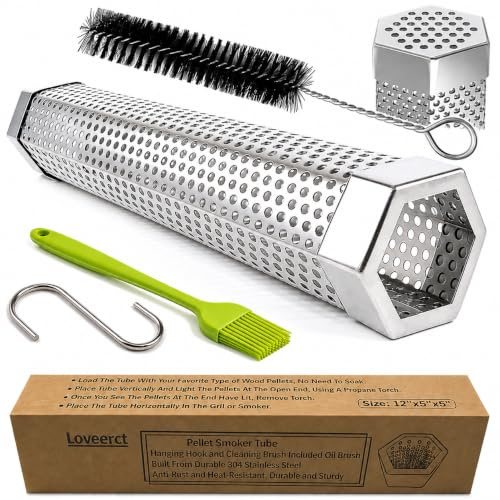 LOVEERCT Pellet Smoker, Edelstahl-Räucherrohr, 30,5 cm, Sechseck-Design, 5 Stunden Rauch, für Heiß- oder Kaltrauch, Holzpellets oder Holzspäne, für alle Grills oder Smoker