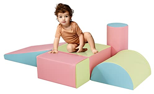 DREAMADE 5 TLG. Softbausteine für Kinder, Riesenbausteine Schaumstoffbausteine Großbausteine aus PE & EPE, Kletterbogen Kletterblöcke für Baby Indoor Klettern & Toben (Rosa+Blau)