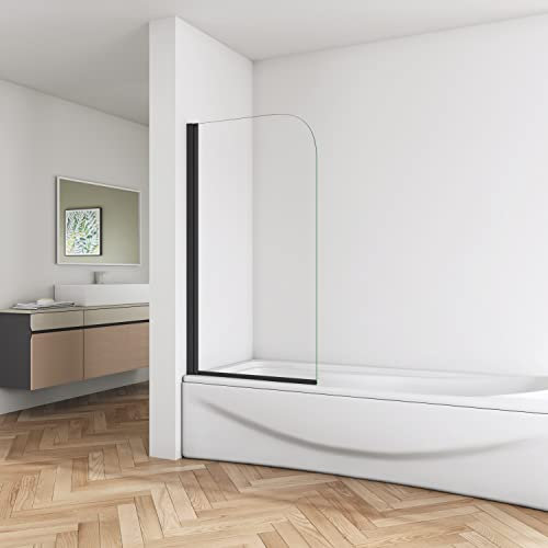 Biubiubath Bathroom matt Black 800X1400mm Tempered Glass 180?Pivot Bath Shower Screen Glass