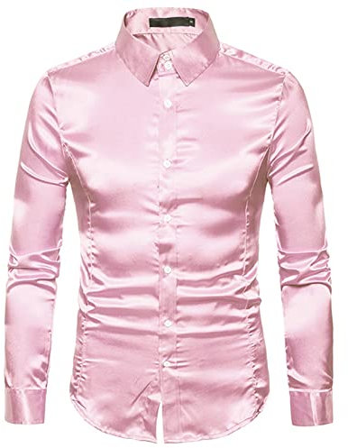 Chemise à manches longues pour homme avec boutons en satin et paillettes brillantes, Rose #2., XL