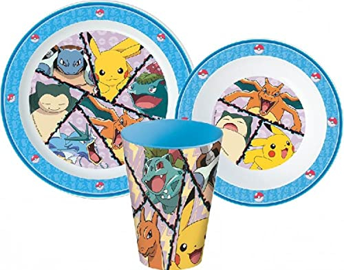Microwave Safe 3pcs Cartoon Character Dinner Tableware Set Plate, Bowl & Cup, BPA Free re-usable Plastic (Pokemon)