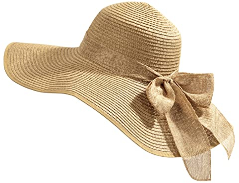 Kmbcove Stroh Sommerhut Wide Rand Sonnenhüte mit Krawatte Faltbar UV Schutz Floppy Strandmütze für Frauen Damen Tourismus Reise Urlaub Wandern