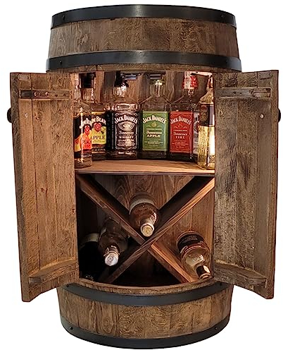 WEECO Barilotto di legno con porta e X portabottiglie per birra, Armadietto per bicchieri e bottiglie. Bar a mano in legno massello in stile rustico. Mobile bar Grappa vino rum (marrone scuro - wengé)