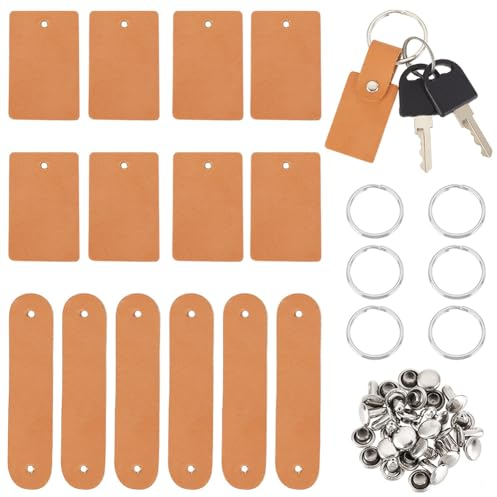 OLYCRAFT 48 Stück/16 Sets Echtes Leder Schlüsselanhänger Set Blanko Leder Schlüsselanhänger Sets Lederanhänger Mit Schlüsselanhängern Und Nieten Für Die Lasergravur von Schlüsselanhängern