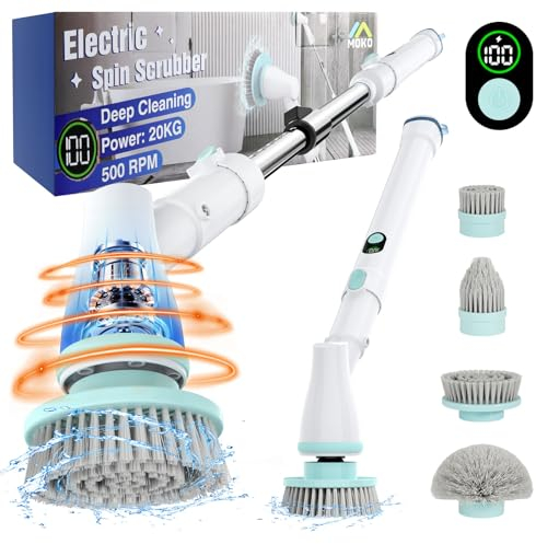 MoKo 500 RPM Cordless Shower Scrubber, New LED Display, Electric Spin Scrubber, Electric Spin Scrubber with Adjustable Extension Arm,4 Replaceable Brush Heads,Deep Cleaning for Bathroom/Tub/Tile/Floor