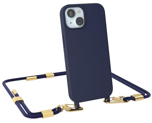 EAZY CASE - Handykette mit Karabiner kompatibel mit iPhone 15 - Hülle Silikon Fallschutz Handyhülle für iPhone 15 Kette zum Umhängen Schutzhülle mit Mikrofaser in Nacht Blau - Clips Gold