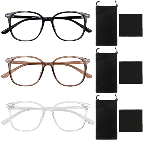 COACOM 3 Stück Anti-Blaulicht-Brille mit Reinigungstuch und Tragetasche, modische Brille, blendfrei, Anti-Blaulicht-Schutzbrille, Filter-Rundbrille (schwarz, klar, braun)