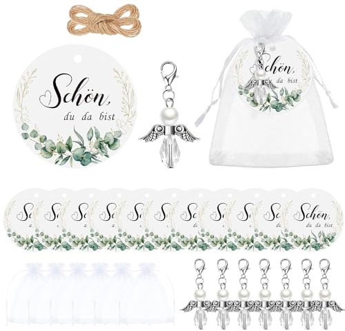 LUFEIS 30 Sets Schutzengel Anhänger, Gastgeschenke Schutzengel Schlüsselanhänger mit Organza Tasche und Kraftpapier Anhänger, Schön Dass Du Da Bist Anhänger Aufkleber für Taufe Kommunion Hochzeit