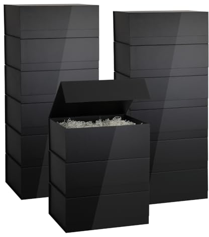 Skivra Große schwarze Geschenkbox, 15 Stück, 39,9 x 30,5 x 15,2 cm, extra groß mit Deckel, Magnetverschluss, faltbar, Luxus-Geschenkbox für Trauzeugenantrag, inklusive geschreddertem Papierfüller
